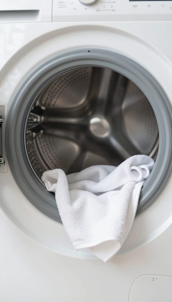 Open front loader washer with clean drum and gasket, natural light
