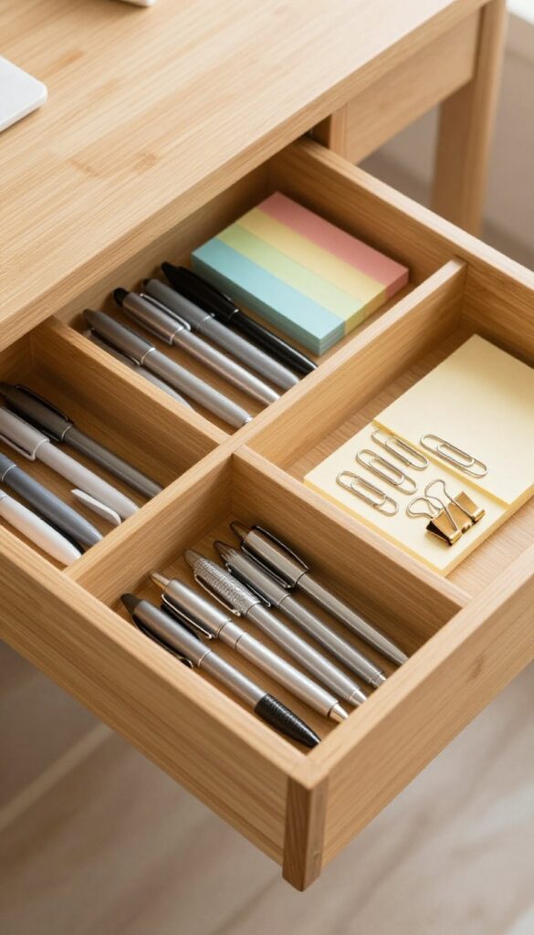 Organized desk drawer with bamboo dividers separating pens, sticky notes, and office supplies.