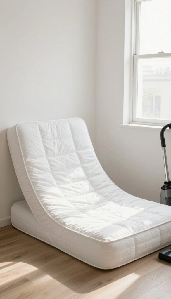 Bare mattress propped against wall near open window with sunlight and fresh air