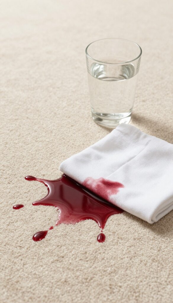 Blotting a fresh red wine spill on beige carpet with a white cloth and club soda nearby