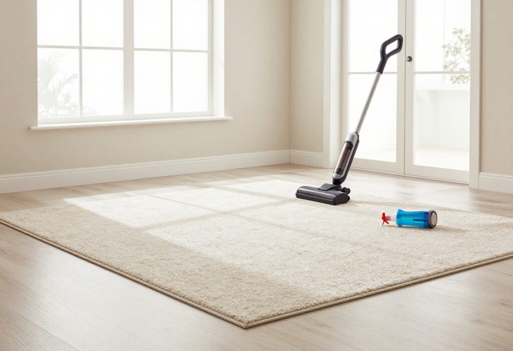 Clean beige carpet in a sunlit living room with cleaning supplies