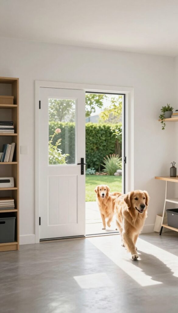 Dog walking through a dog door in a garage wall to a sunny yard, clean garage interior