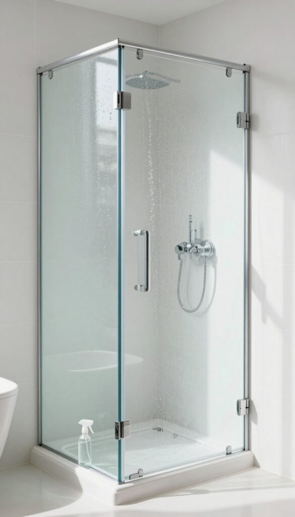 Clean glass shower door with spray bottle of dishwasher rinse aid solution