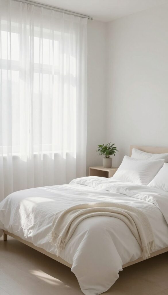 Neatly made bed in a bright, clutter-free bedroom with sunlight and minimalist decor