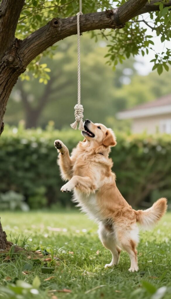 Dog jumping to grab a knotted rope toy on a spring pole attached to a tree branch in a sunny backyard