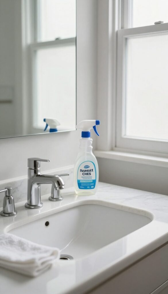 Bright bathroom sink with microfiber cloth and spray bottle for daily wipe-down