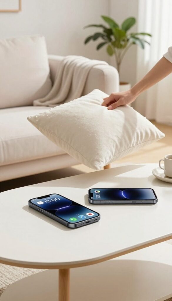 A person fluffing a throw pillow in a clean, sunlit living room with a smartphone timer on the coffee table.