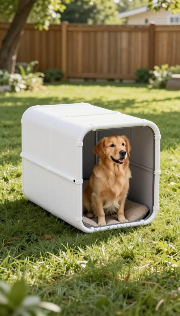 Portable folding dog kennel made of PVC pipes and mesh fabric on a sunny lawn with a golden retriever inside.