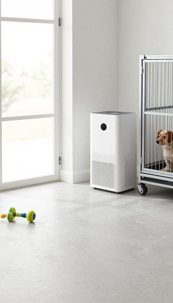 Garage dog kennel with HEPA air purifier, clean and bright interior
