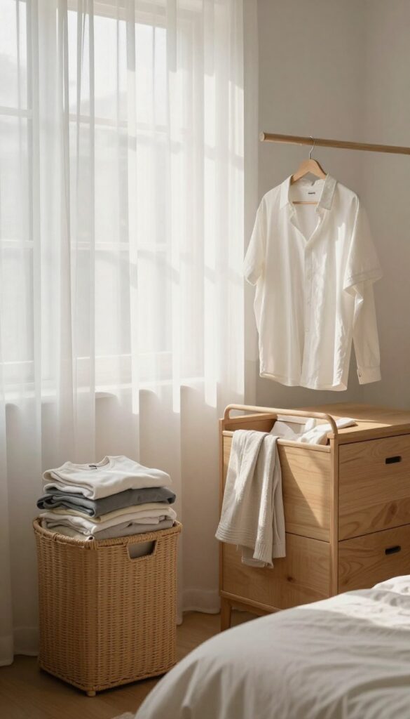 A tidy bedroom with an open hamper and neatly folded laundry, illustrating the laundry loop cleaning method.