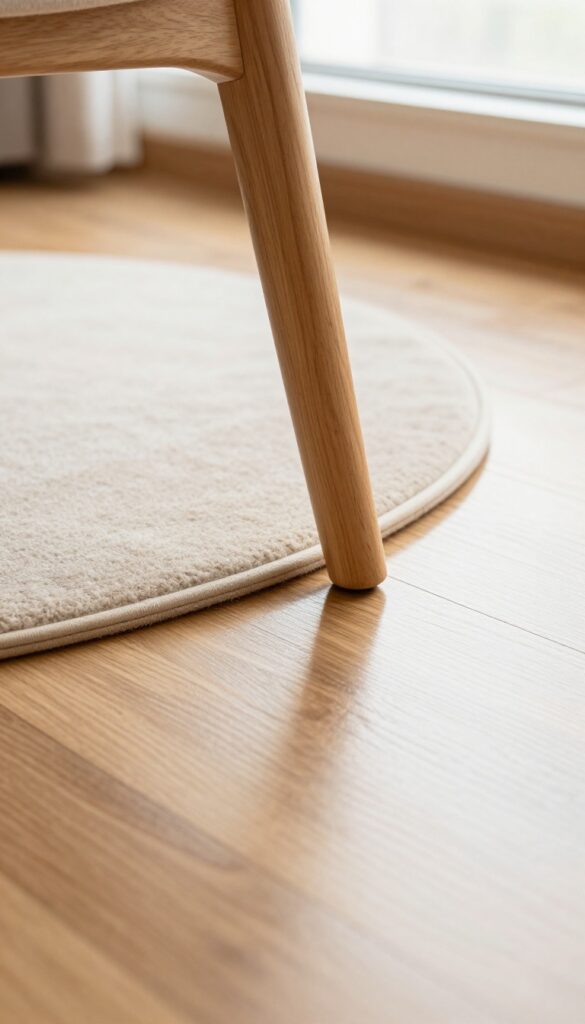 Close-up of a chair leg on a felt pad on a wood floor