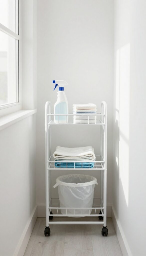 Slim rolling cart tucked beside cleaning cabinet with organized supplies