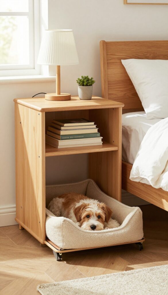 Wooden nightstand with lower dog crate compartment, lamp and books on top, dog resting inside