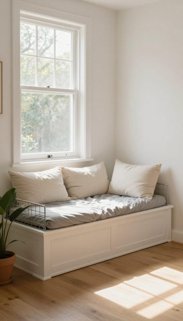 Built-in dog crate under a window bench in a bright small living room