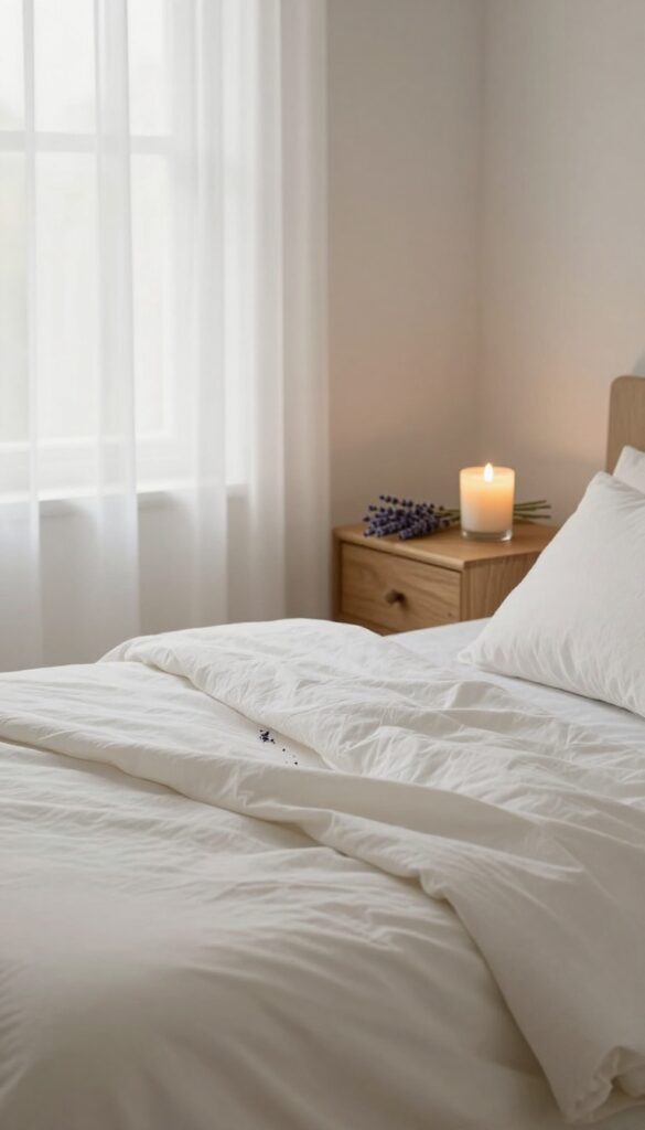 Clean bedroom with scented candle and open window
