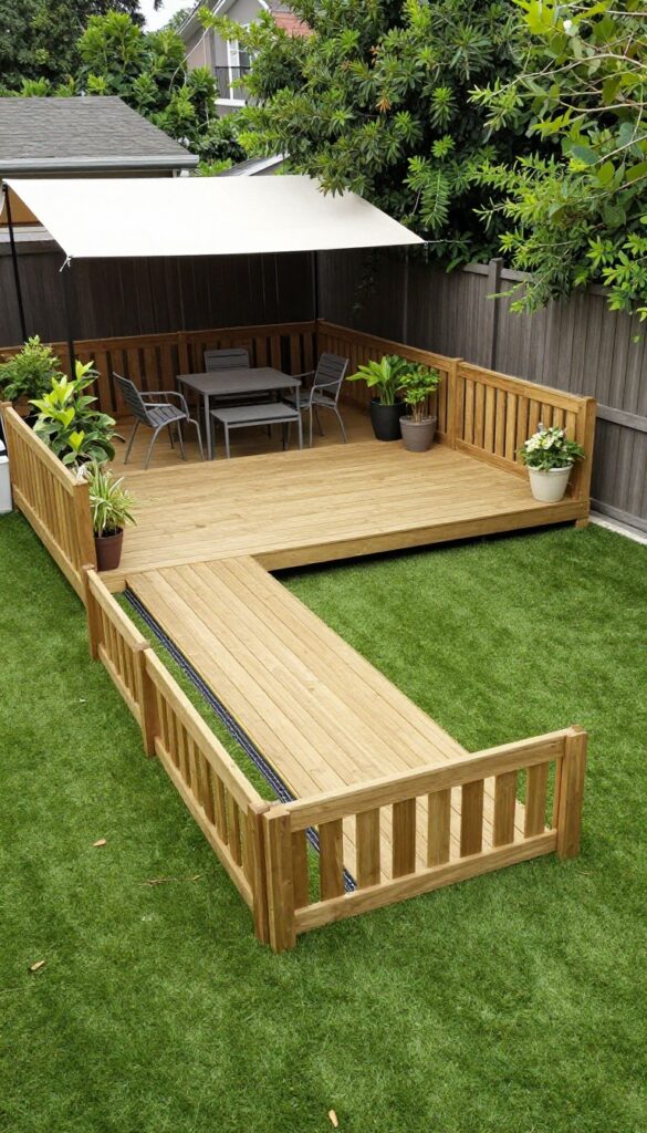 Elevated wooden deck dog run in a small backyard with artificial turf, ramp, and storage underneath