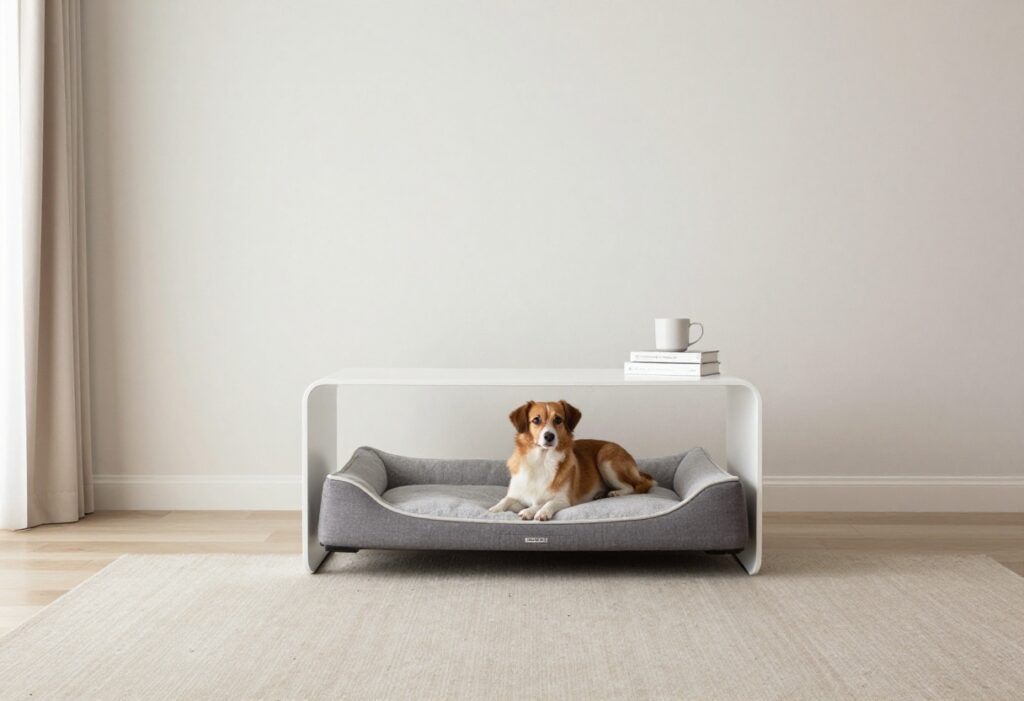 Dog bed furniture end table with dog resting inside in a clean living room