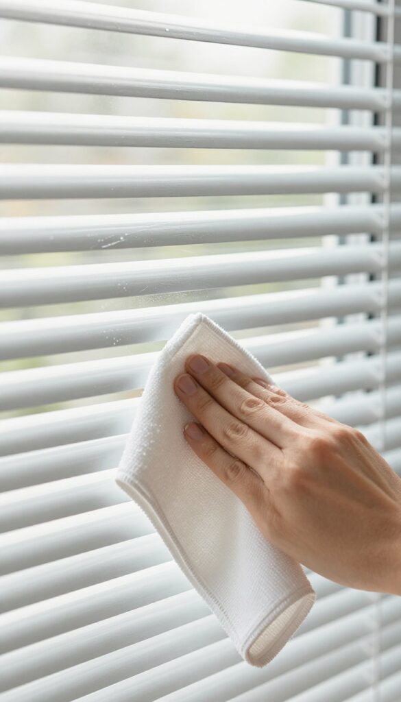 Hand wiping a blind slat with a microfiber cloth, clean and streak-free, bright kitchen light.