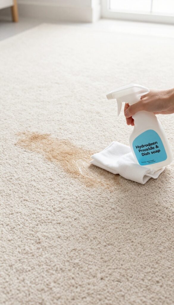 Homemade carpet spot cleaner with hydrogen peroxide and dish soap being applied to a stain on a light-beige carpet, with a spray bottle and cloth nearby.
