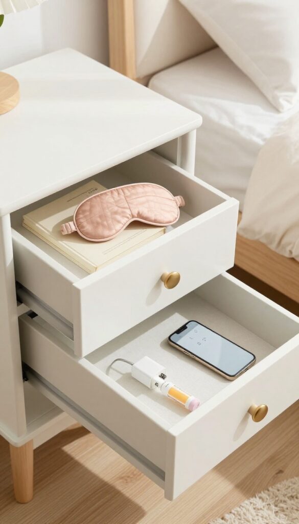 Organized nightstand drawer with dividers for book, sleep mask, and charger in a clean bedroom