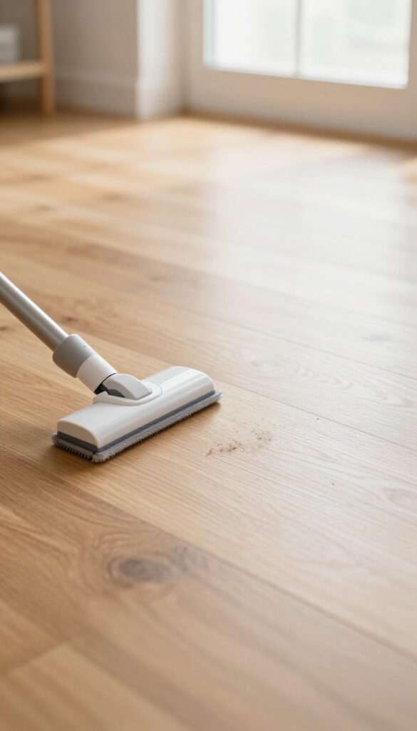 Dry Swiffer gliding across a hardwood floor in a sunlit room