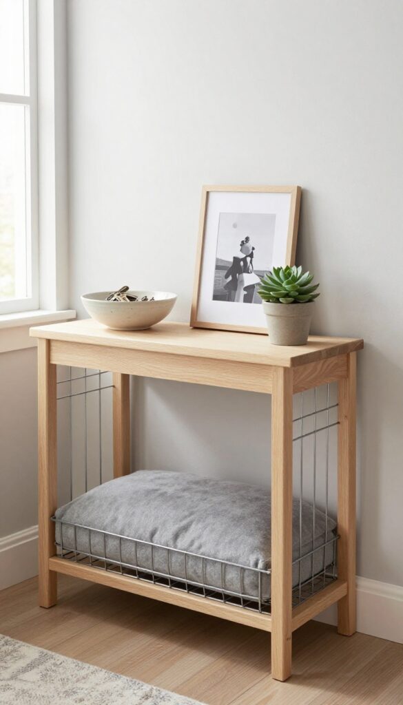 Entryway with console table hiding a dog crate underneath, decorated with keys, plant, and photo frame.