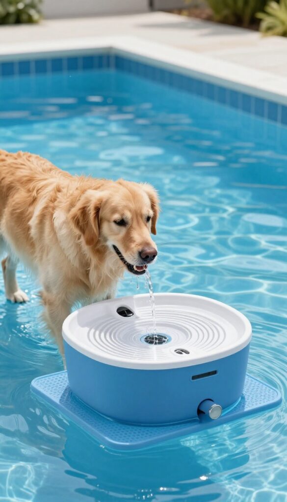 Dog drinking from a splash-proof water dispenser near a backyard pool