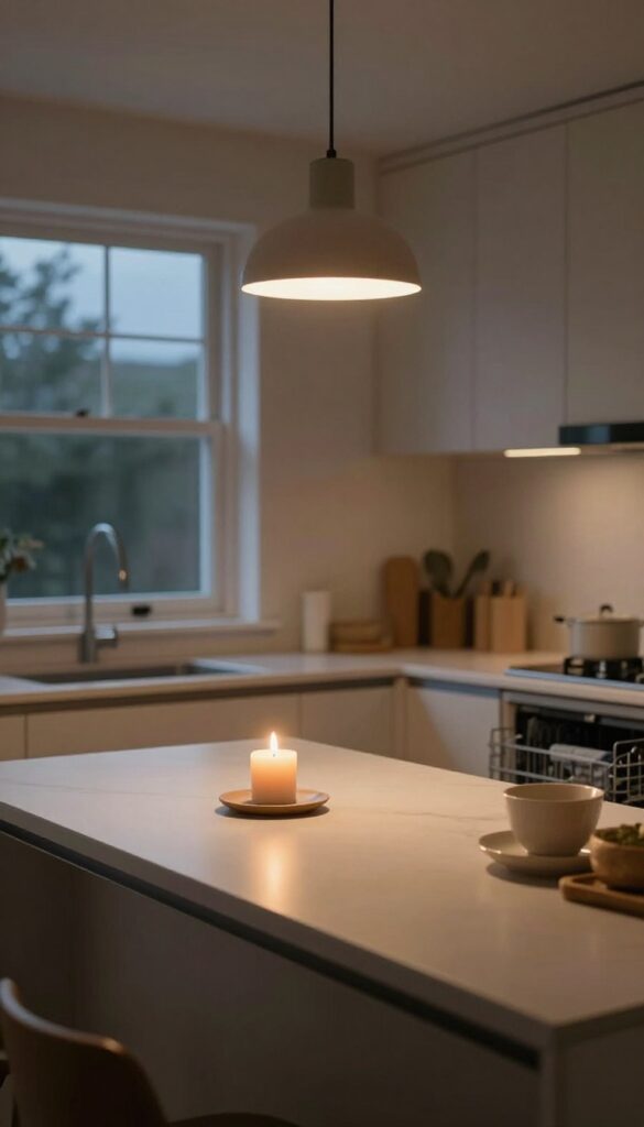 Evening wind-down routine with clean kitchen, candle, and prepped coffee maker