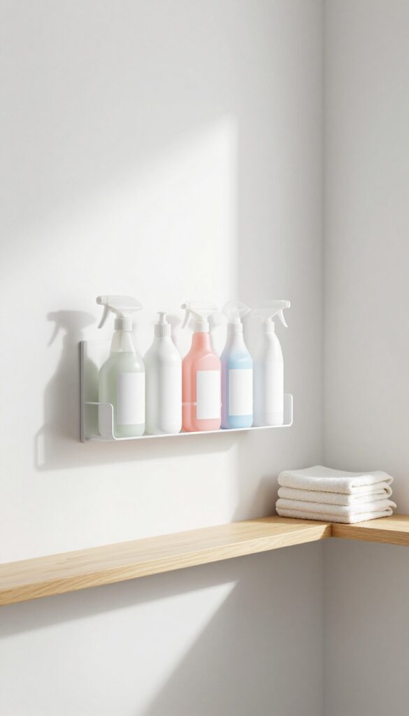 Wall-mounted spray bottle rack holding colorful cleaning sprays in a bright laundry room