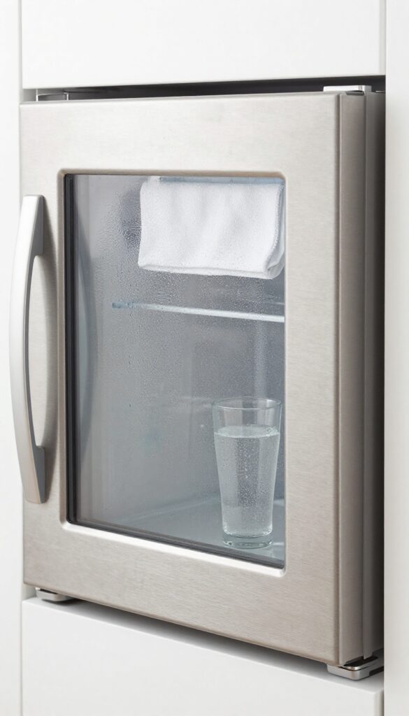 Stainless steel refrigerator door with hard water spots and club soda
