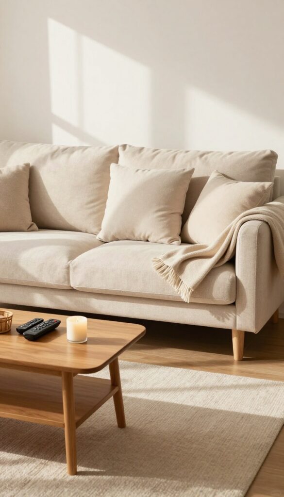 Cozy living room with fluffed pillows, folded blanket, and tidy coffee table in natural light
