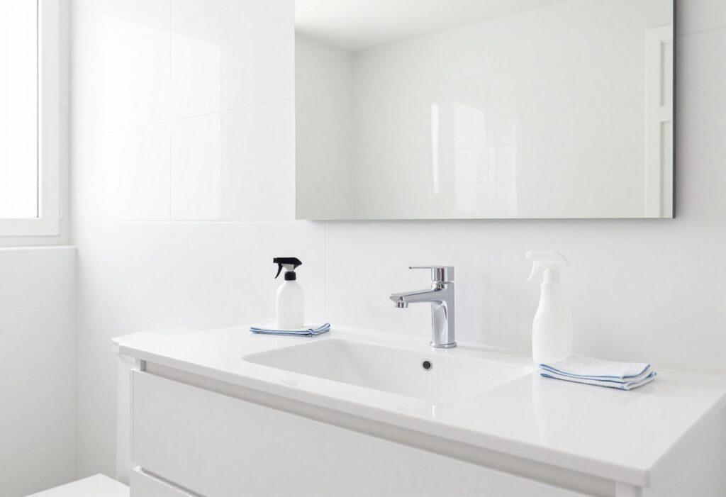 Bright clean bathroom with cleaning supplies on counter