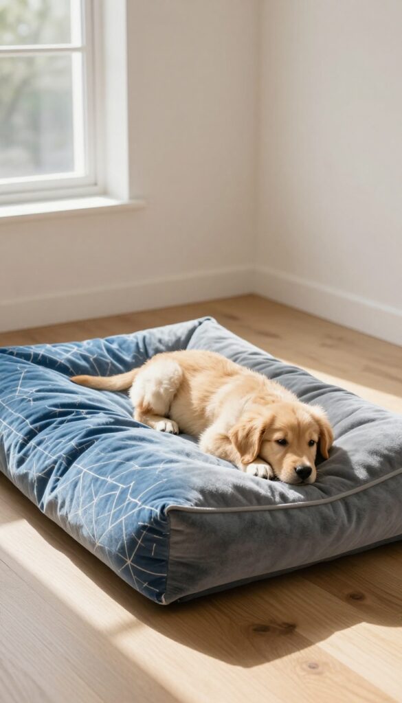 A reversible pillow dog bed with cotton and fleece sides, a golden retriever puppy resting on it in a sunlit room.