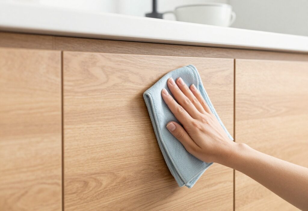 Person cleaning kitchen cabinets with a microfiber cloth