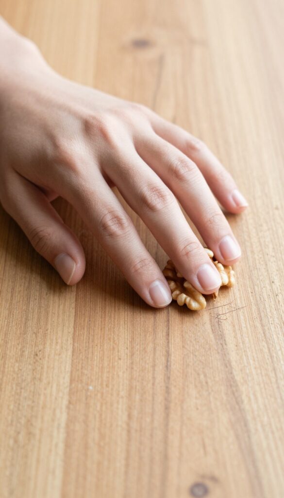 Hand rubbing walnut on wood scratch