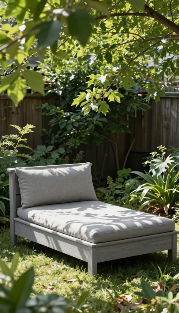 Cedar wood dog bed with cushion in shady backyard
