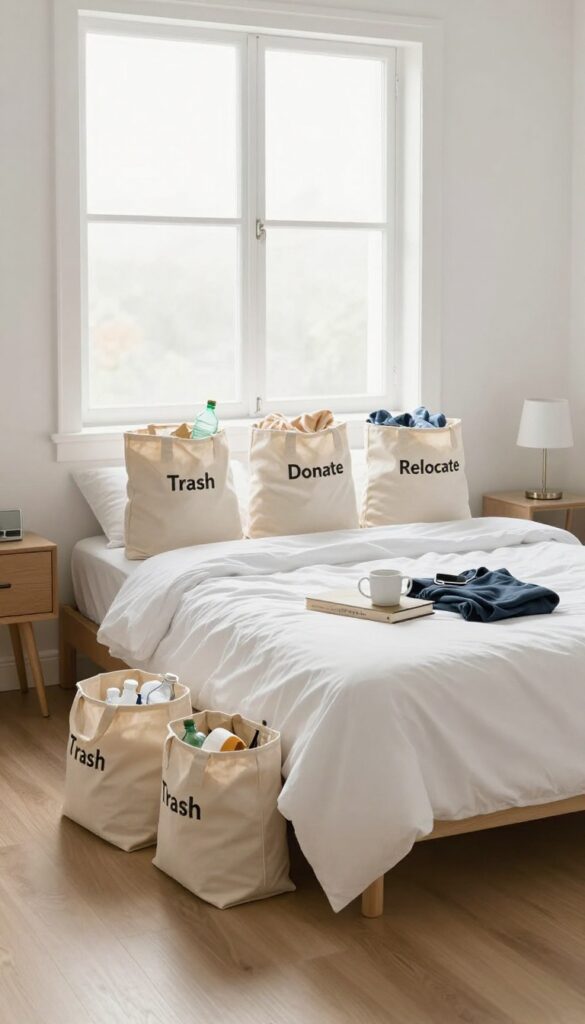 Three labeled bags on a bed for trash, donate, and relocate items in a clean, bright bedroom.