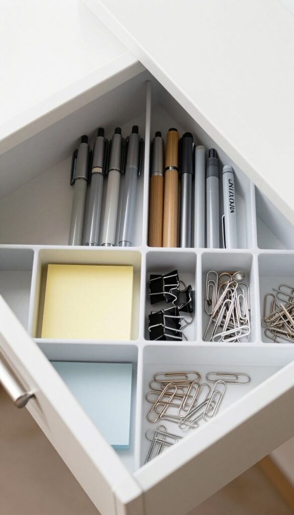Organized desk drawer with bamboo dividers separating pens, sticky notes, and office supplies