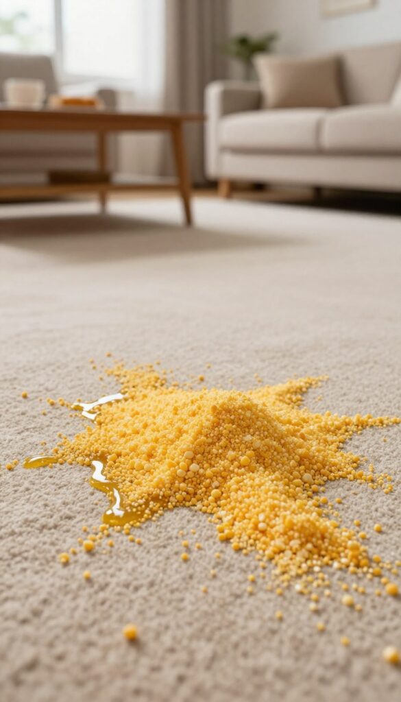 Cornmeal poured over a fresh grease spill on a beige carpet to absorb it