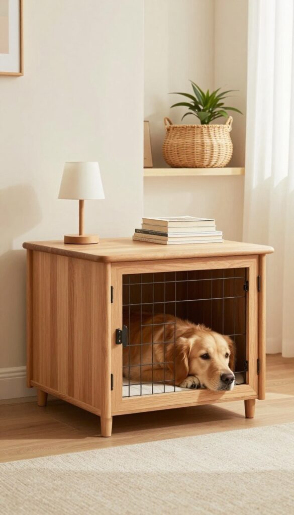 Furniture-style dog kennel end table with lamp and books, dog resting inside, bright living room