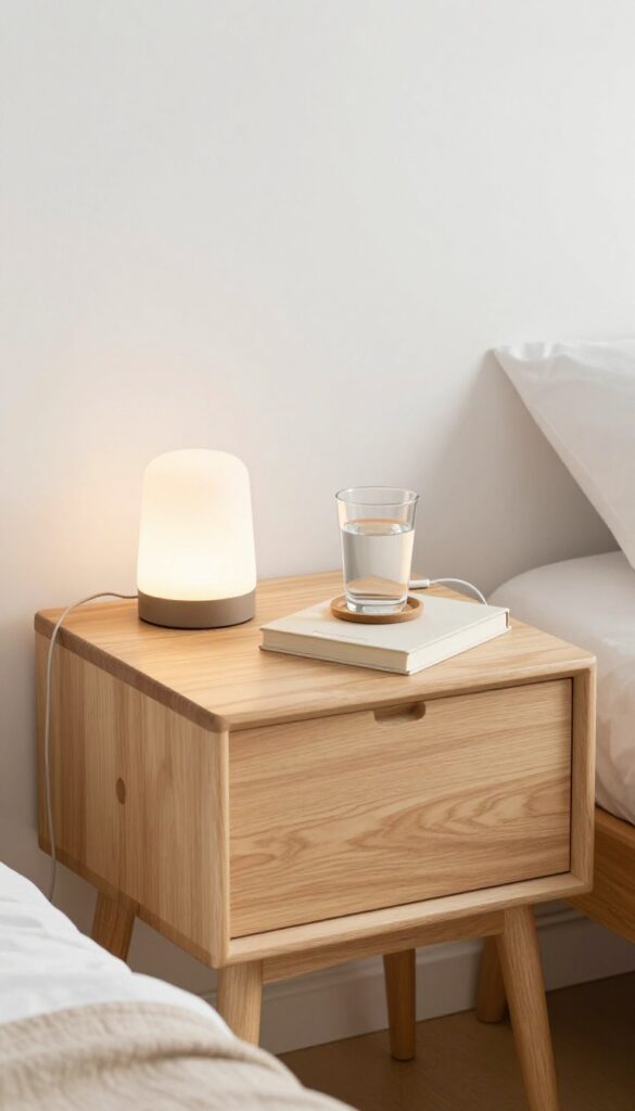 Clean minimalist nightstand with lamp, book, water glass, and phone charger in bright natural light