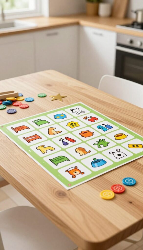 Chore bingo card on a kitchen table with colorful icons and bingo chips
