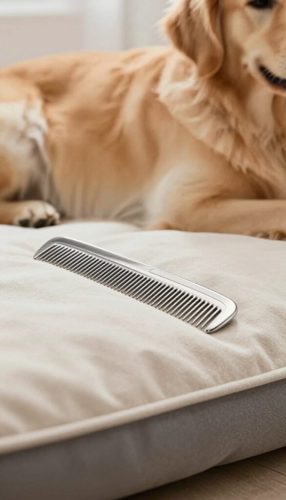 Metal comb on dog bed for grooming finishing and checking