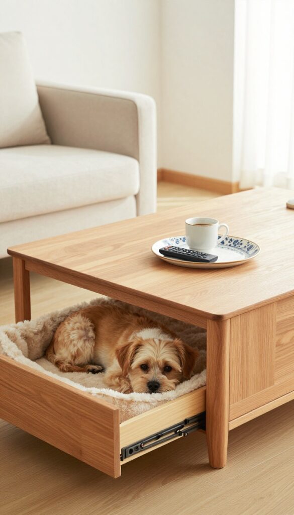 Coffee table with pull-out dog bed, dog sleeping inside, living room decor