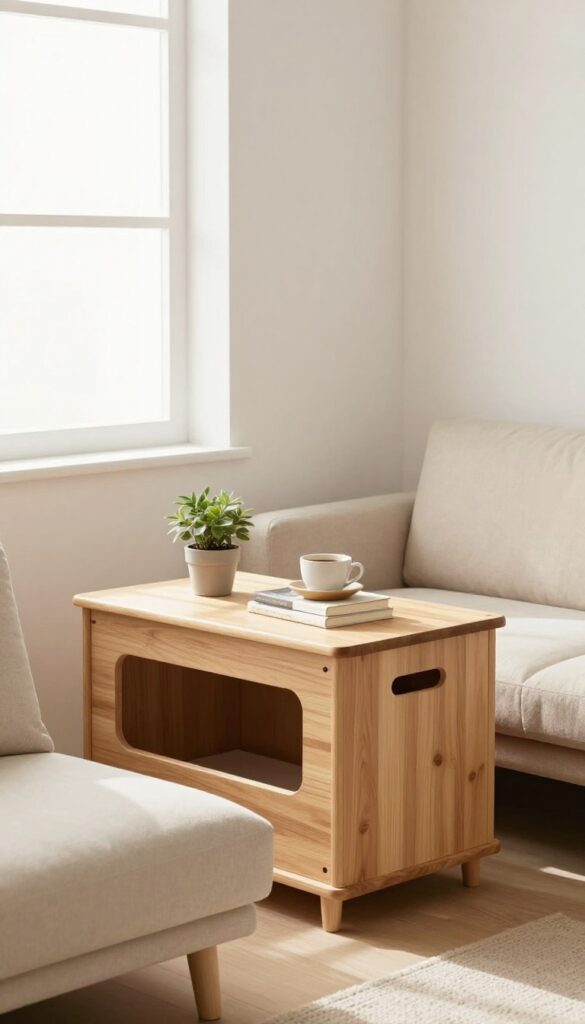 Dog crate used as a side table with a tray top, holding a plant and books in a bright living room