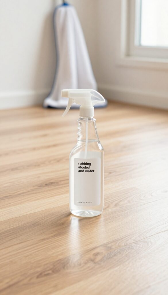 Spray bottle and microfiber mop on a shiny, streak-free laminate wood floor