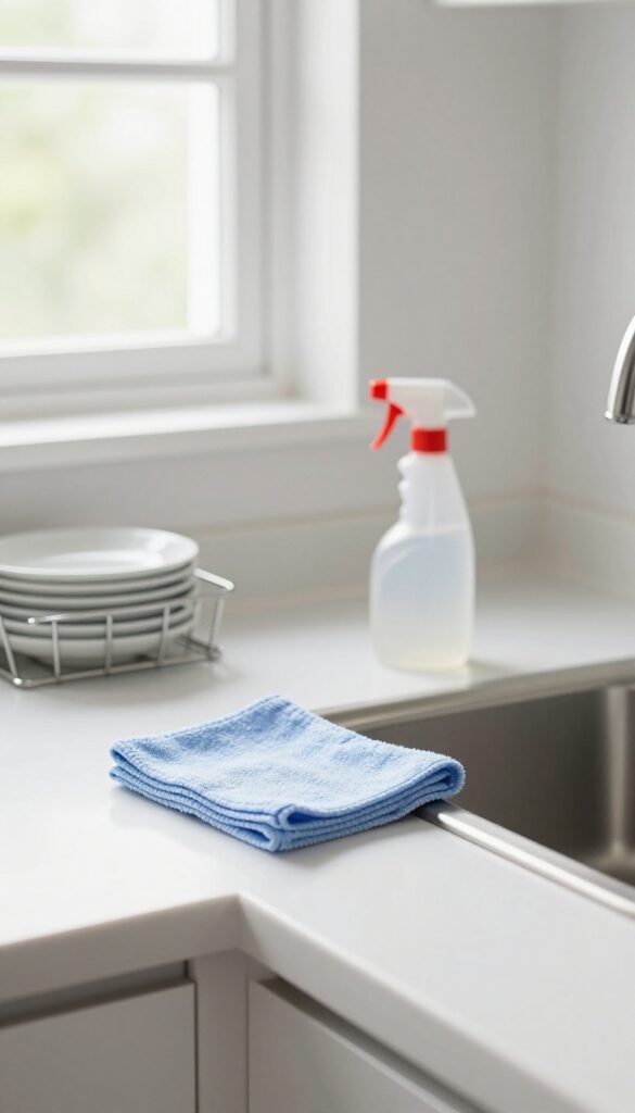Clean kitchen counter with microfiber cloth and spray bottle after wiping down.