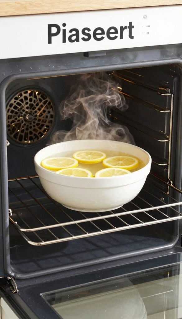 Steaming lemon water in an oven-safe bowl inside an oven to loosen grease