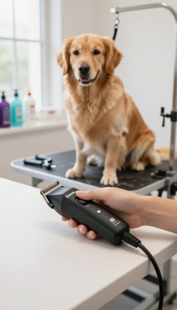 Oster A5 Turbo clipper on a grooming station with a Golden Retriever, bright natural light, clean composition.
