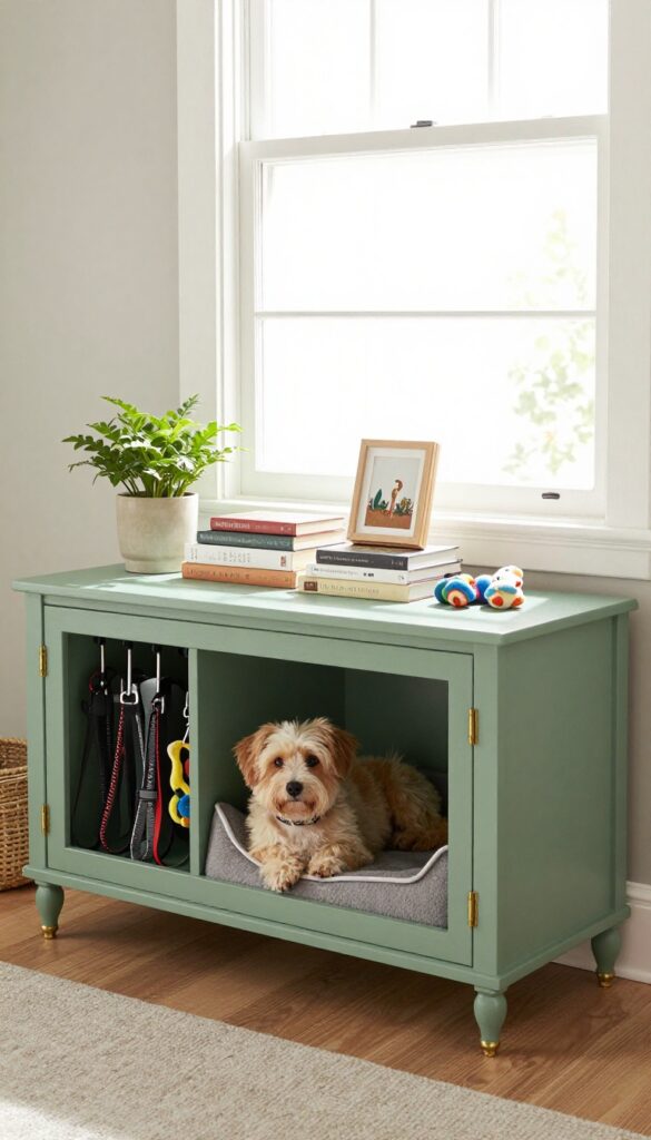 Repurposed media console dog crate hideaway in a bright living room with a dog resting inside